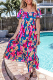 Printed Square Neck Short Sleeve Midi Dress - Flyclothing LLC