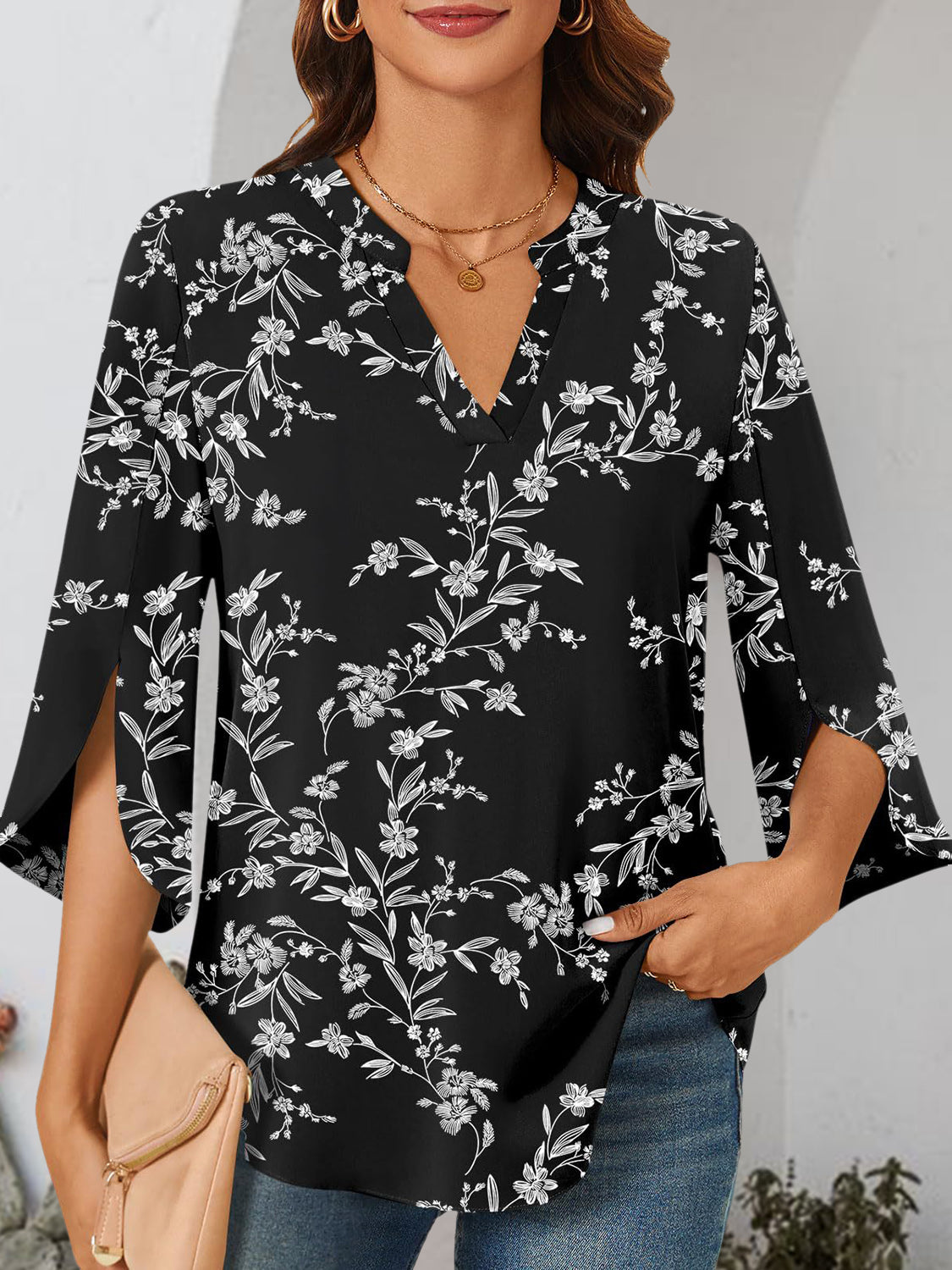 Notched Slit Half Sleeve Blouse Trendsi