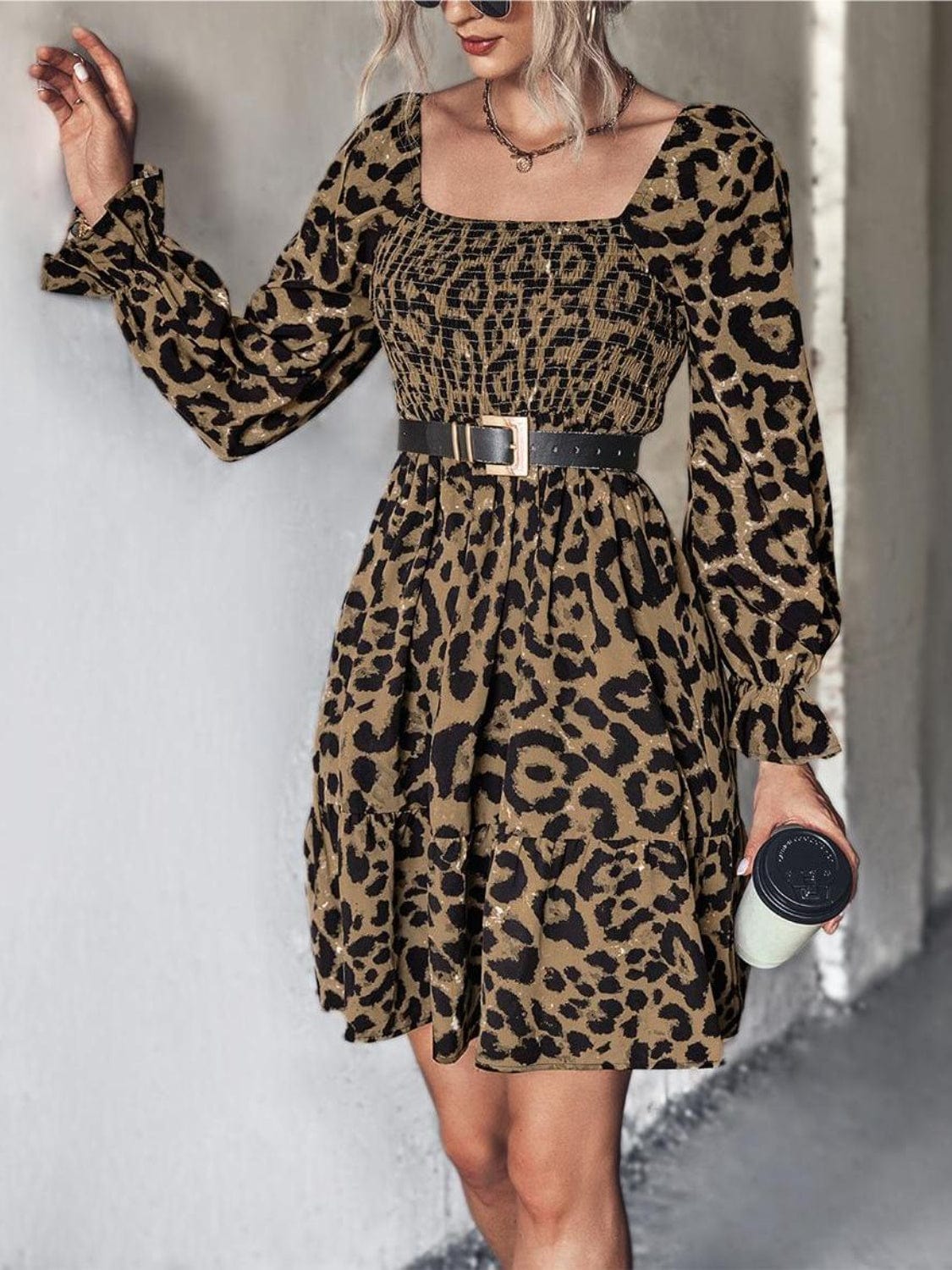 Leopard Smocked Flounce Sleeve Mini Dress - Trendsi