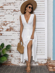 Full Size Slit V-Neck Sleeveless Midi Dress - Trendsi