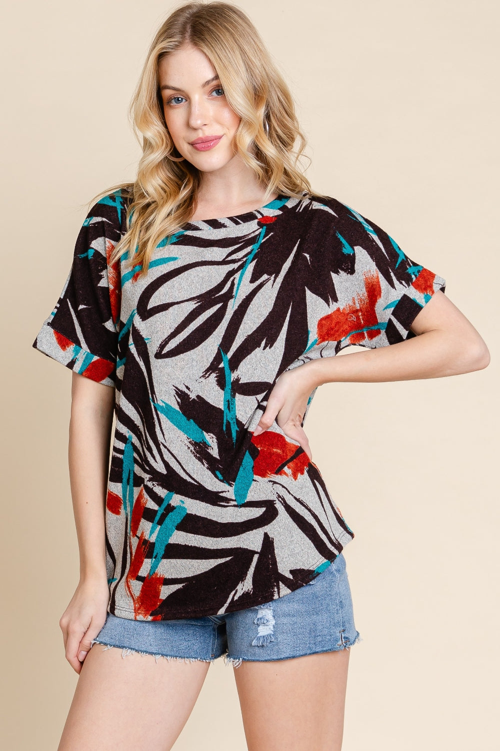 BOMBOM Printed Round Neck Short Sleeve T-Shirt - Trendsi