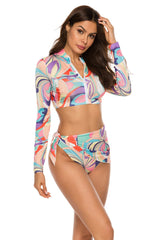 Printed Zip Up Three-Piece Swim Set - Flyclothing LLC