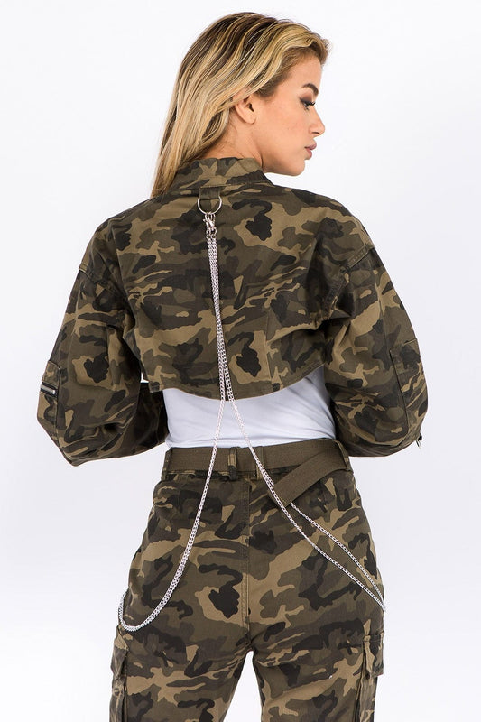 American Bazi Camouflage Cropped Jacket with Chains - Trendsi