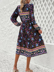 Tassel Tied Printed Long Sleeve Dress - Flyclothing LLC