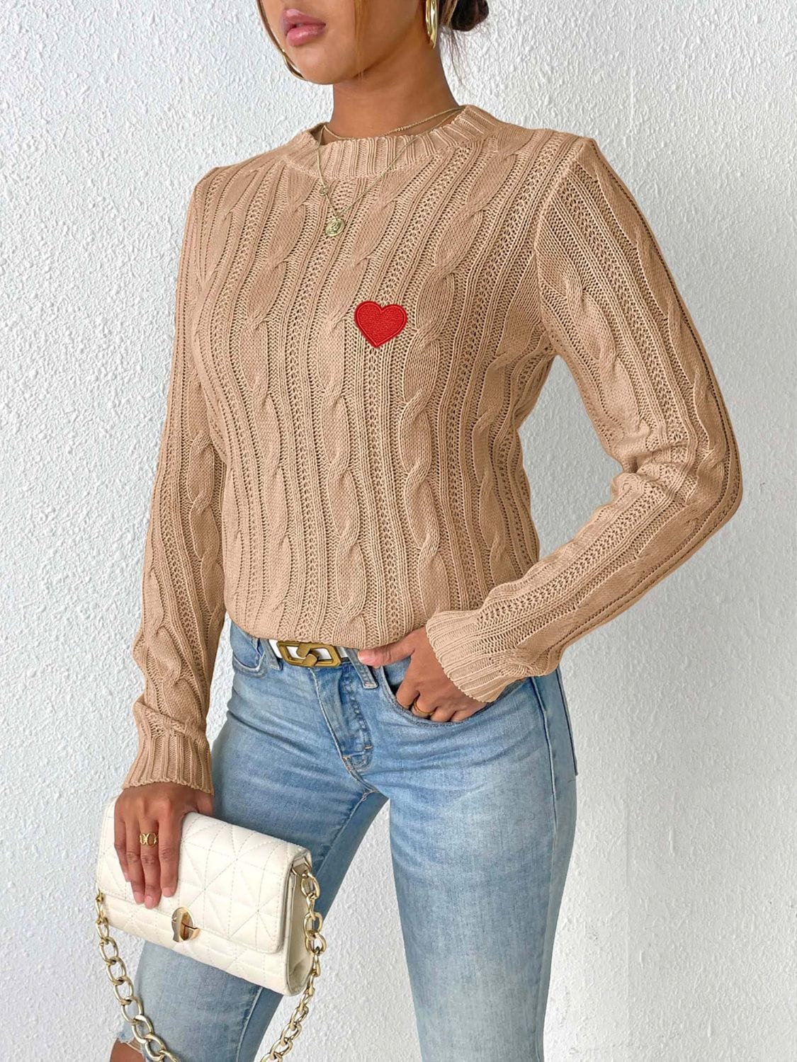 Cable Knit Heart Round Neck Long Sleeve Sweater Flyclothing LLC