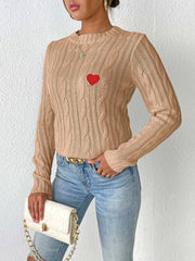 Cable-Knit Heart Round Neck Long Sleeve Sweater - Trendsi