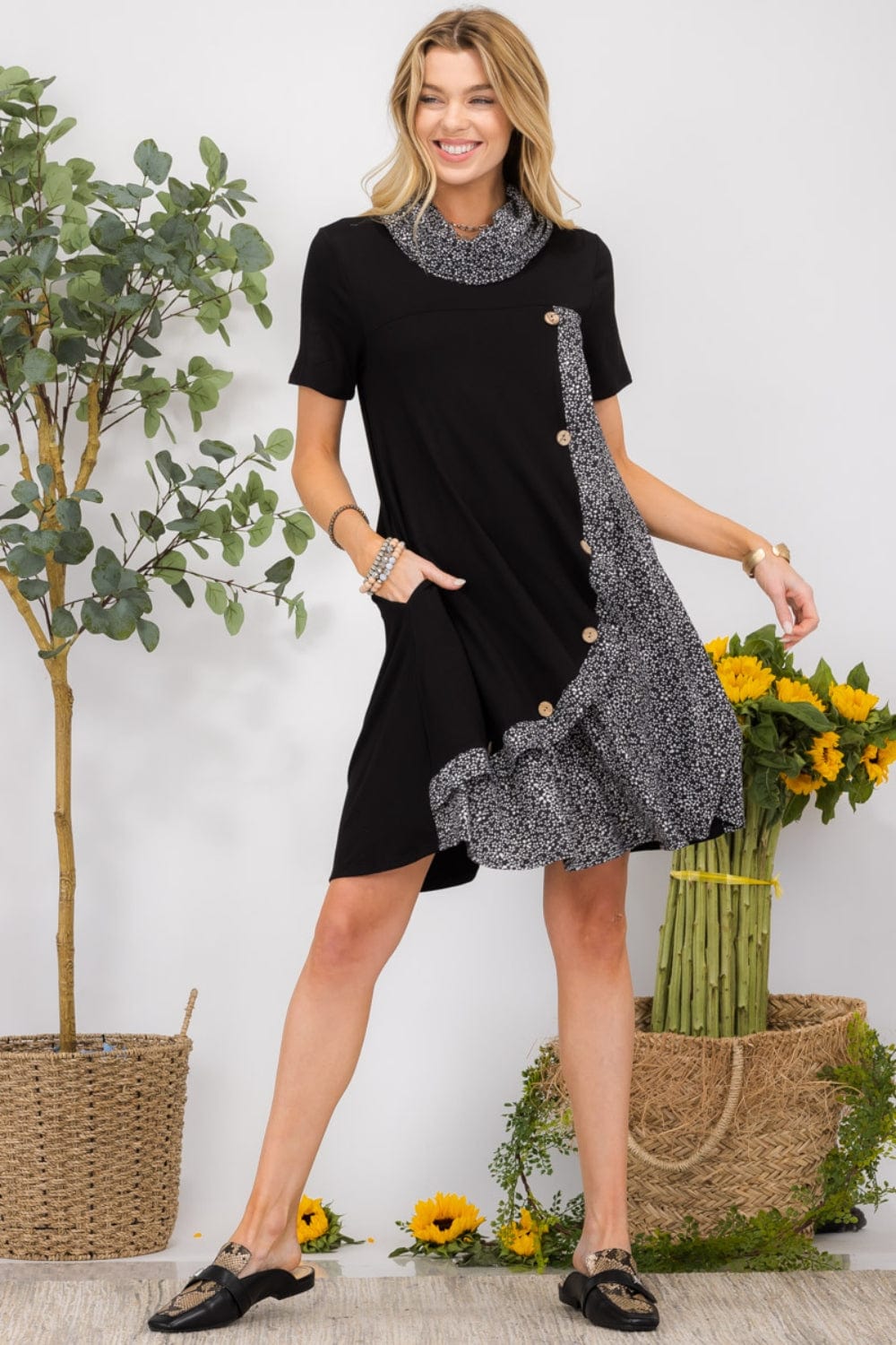 Celeste Full Size Decor Button Short Sleeve Dress with Pockets - Trendsi