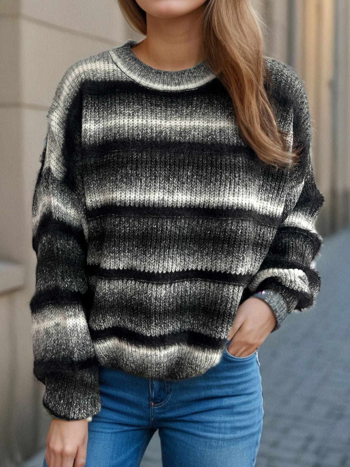 Gradient Round Neck Dropped Shoulder Sweater - Trendsi