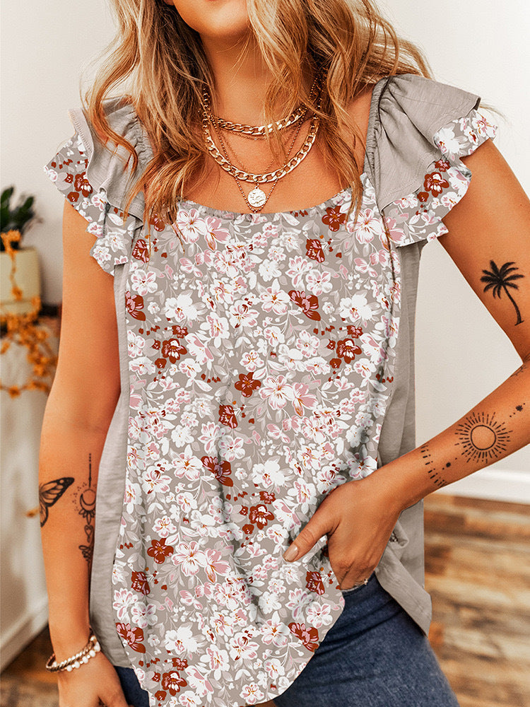 Ruffled Floral Square Neck Cap Sleeve Blouse Trendsi