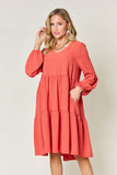 Double Take Full Size V-Neck Balloon Sleeve Tiered Dress - Flyclothing LLC