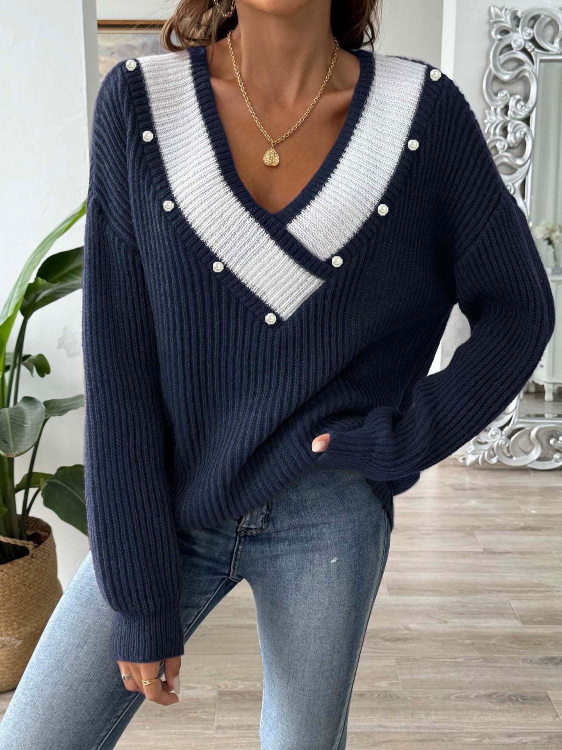 Contrast Trim Dropped Shoulder Long Sleeve Sweater - Trendsi