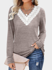 Lace Detail V-Neck Long Sleeve T-Shirt - Trendsi