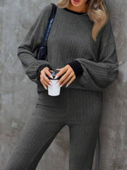 Contrast Round Neck Long Sleeve Top and Bootcut Pants Set - Trendsi