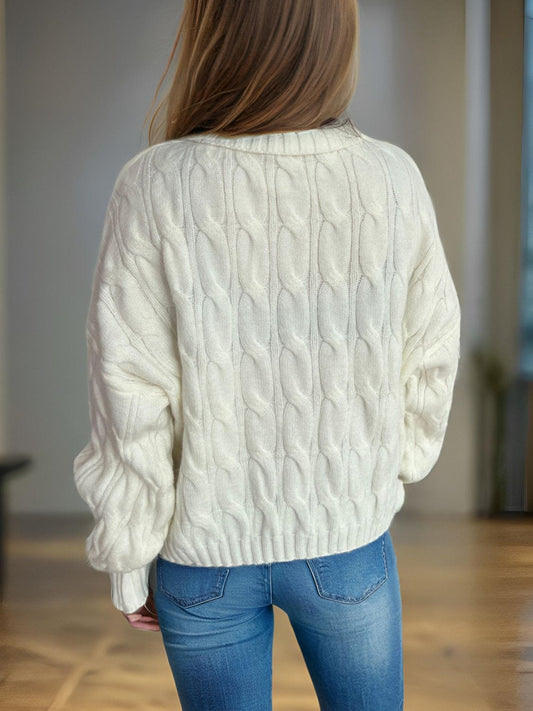 Cable-Knit Turtleneck Long Sleeve Sweater - Trendsi