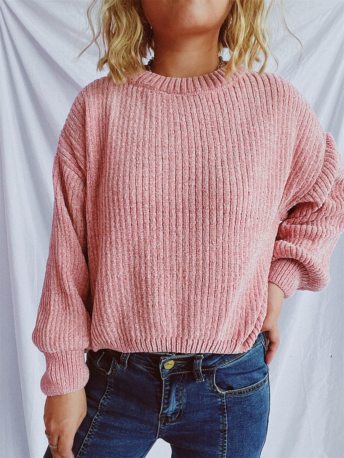 Round Neck Dropped Shoulder Long Sleeve Sweater - Trendsi