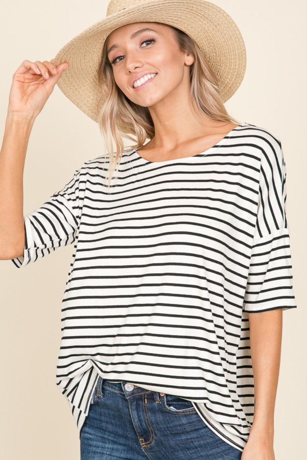 BOMBOM Striped Round Neck T-Shirt - Trendsi