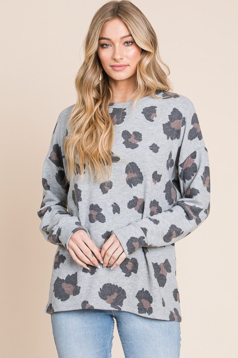 BOMBOM Leopard Drop Shoulder T-Shirt - Trendsi