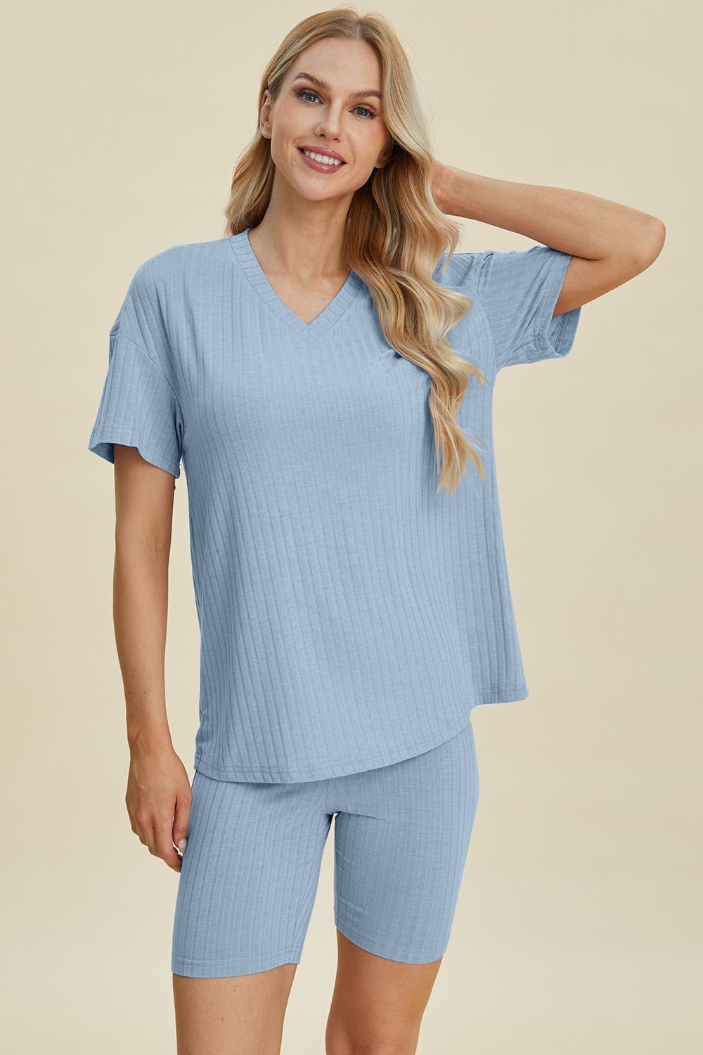 Basic Bae Full Size Ribbed V-Neck Short Sleeve Top and Shorts Set - Trendsi