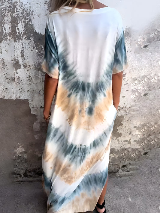 Full Size Pocketed Tie-Dye Short Sleeve Dress - Trendsi