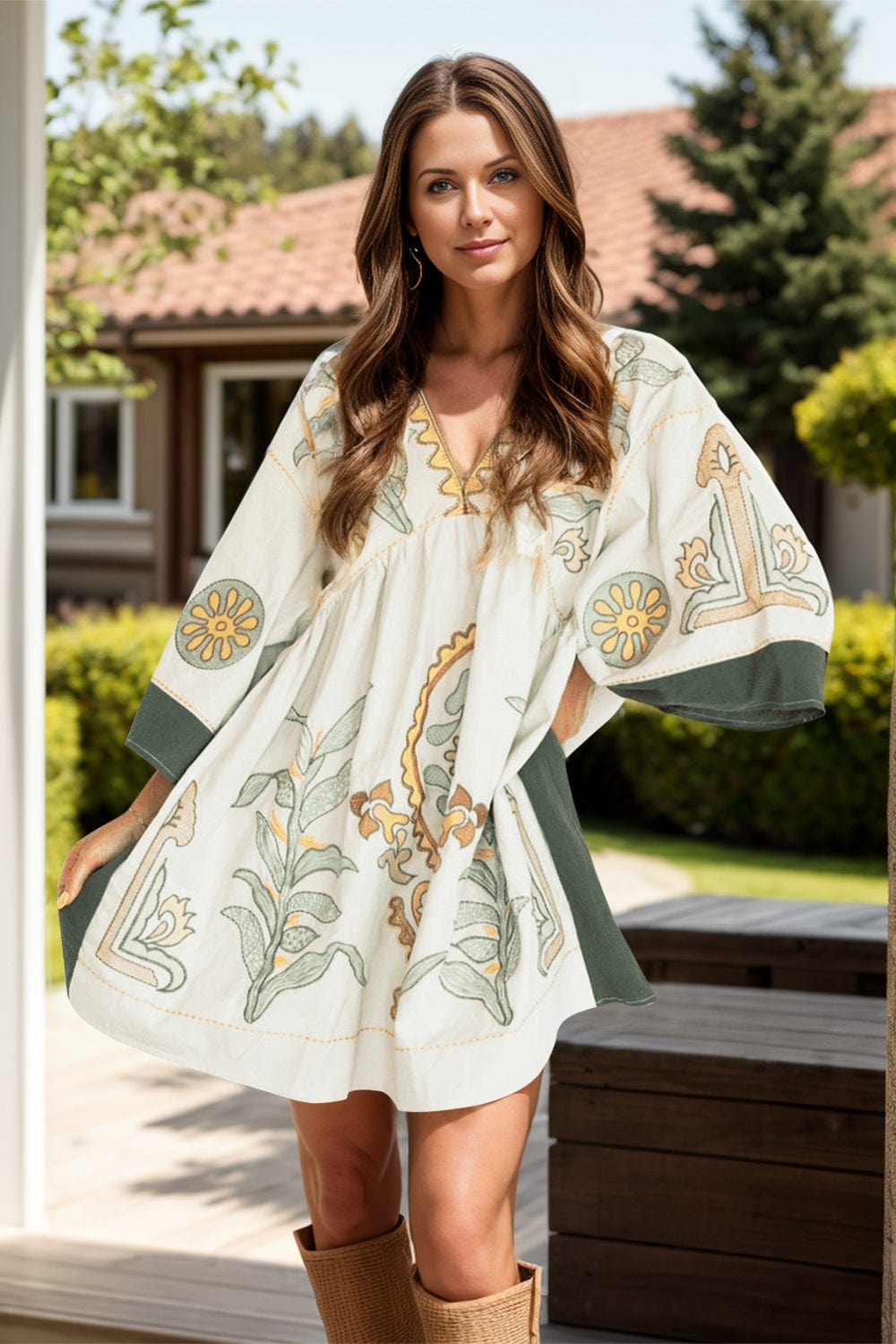 Printed V-Neck Three-Quarter Sleeve Mini Dress - Trendsi