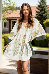 Printed V-Neck Three-Quarter Sleeve Mini Dress - Trendsi