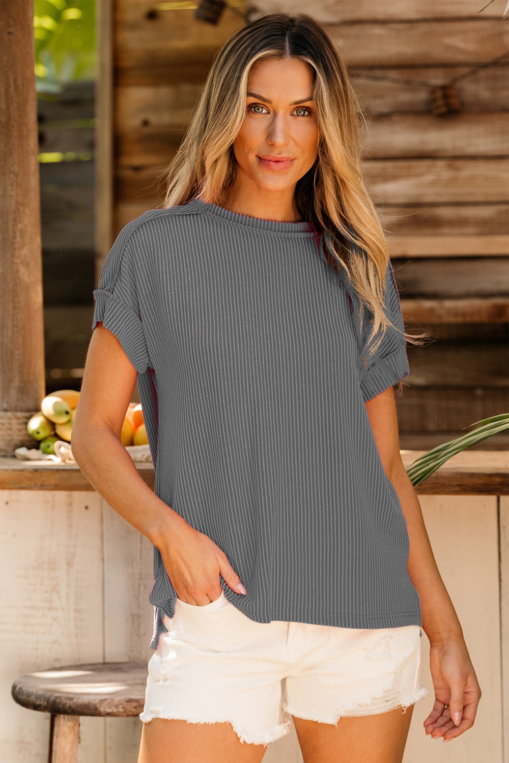 Exposed Seam Round Neck Short Sleeve T-Shirt - Flyclothing LLC