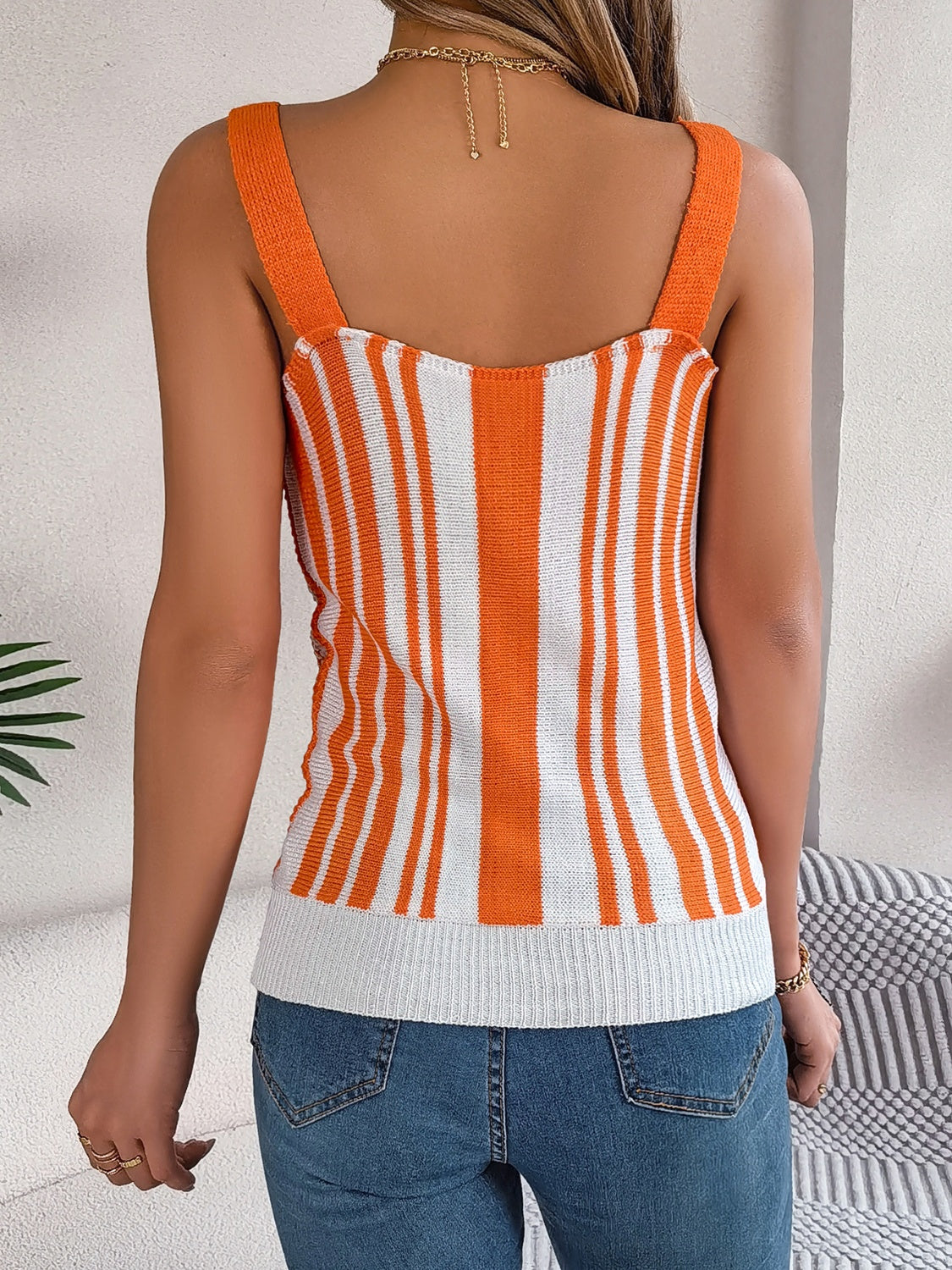 Openwork Striped V-Neck Tank Trendsi