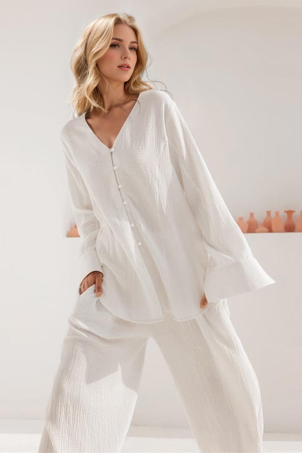 Basic Bae Buttery-Soft V-Neck Long Sleeve Top and Pants Set - Trendsi