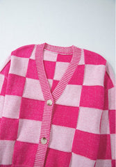 Checkered V-Neck Long Sleeve Cardigan - Trendsi