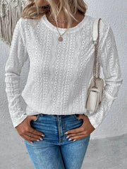 Eyelet Round Neck Long Sleeve Blouse - Flyclothing LLC