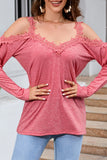 Lace Detail Cold Shoulder Long Sleeve T-Shirt - Flyclothing LLC