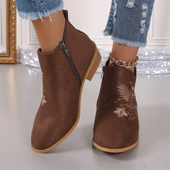 Embroidered Suede Point Toe Block Heel Boots - Trendsi