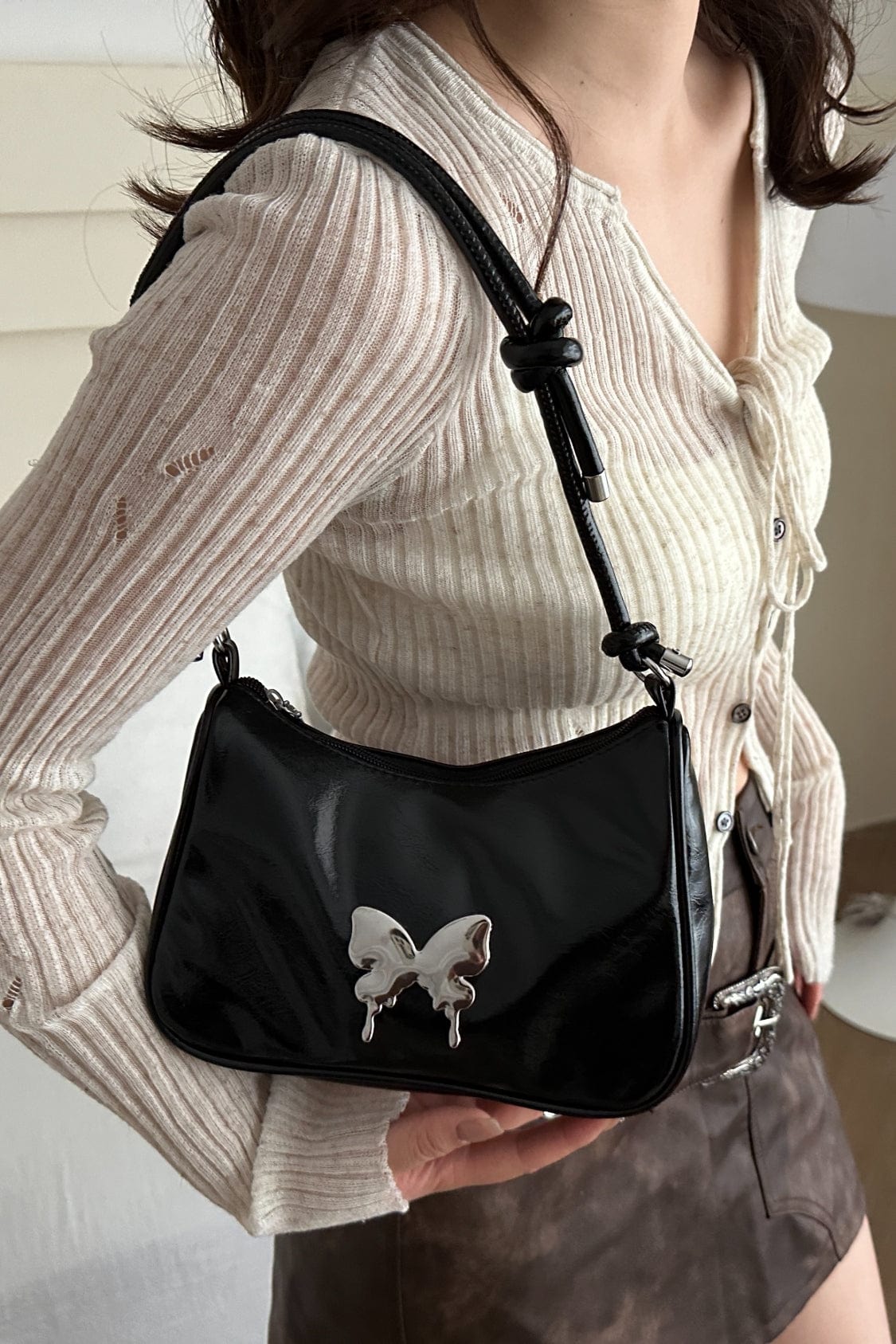 Butterfly PU Leather Knotted Strap Shoulder Bag - Trendsi