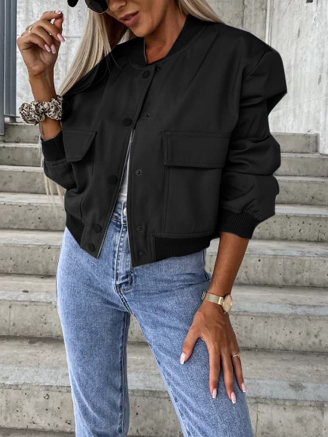 Baseball Collar Dropped Shoulder Jacket - Trendsi