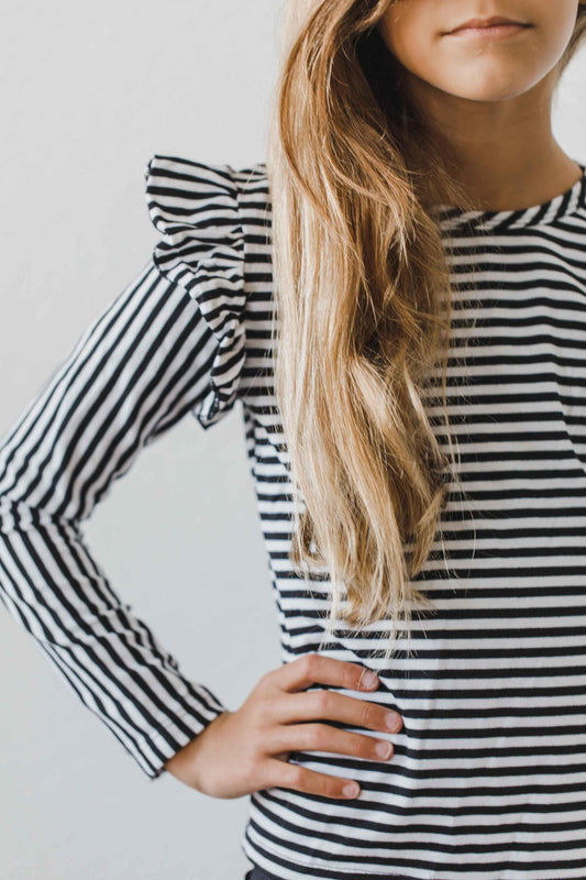 Black & White Stripe L/S Ruffle Tee - Mila & Rose ®