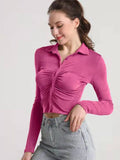 Ruched Button Up Long Sleeve T-Shirt - Flyclothing LLC