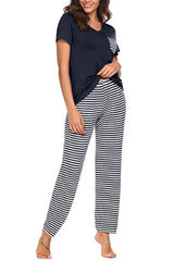 Pocketed Short Sleeve Top and Striped Pants Lounge Set - Flyclothing LLC