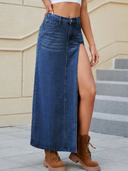 Slit Buttoned Denim Skirt with Pockets Trendsi