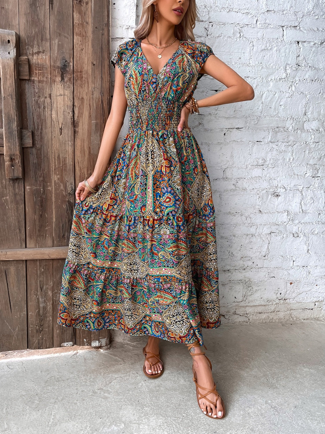 Smocked Printed Cap Sleeve Midi Dress Trendsi