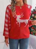 Reindeer Plaid Round Neck Long Sleeve Sweater