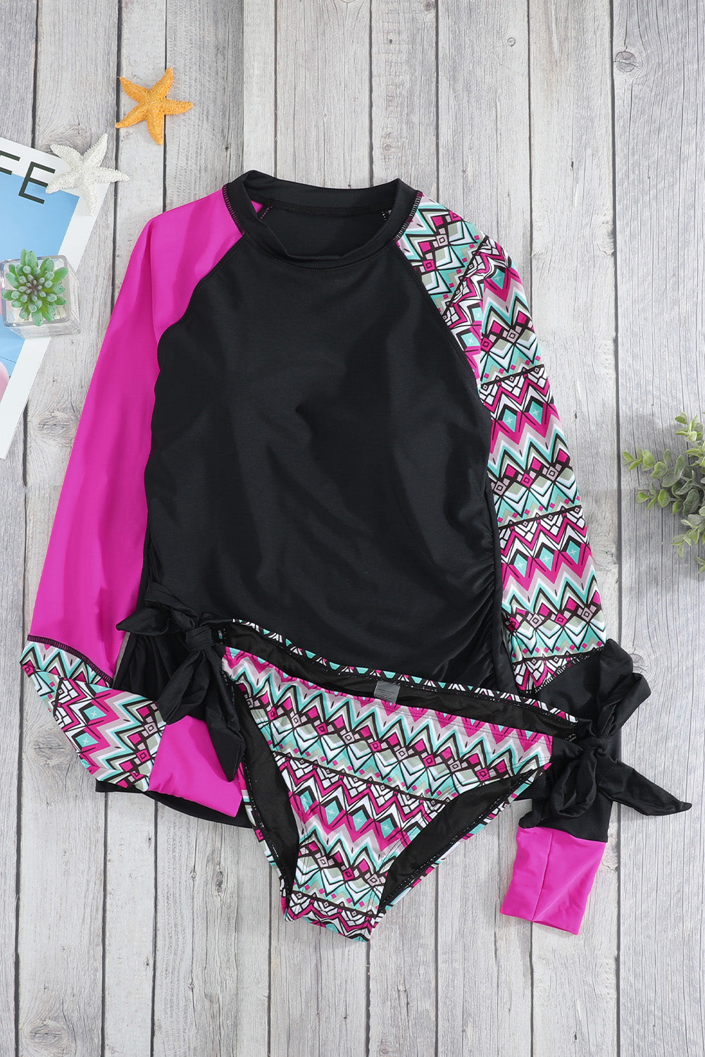 Full Size Round Neck Long Sleeve Top and Tied Brief Swim Set - Flyclothing LLC