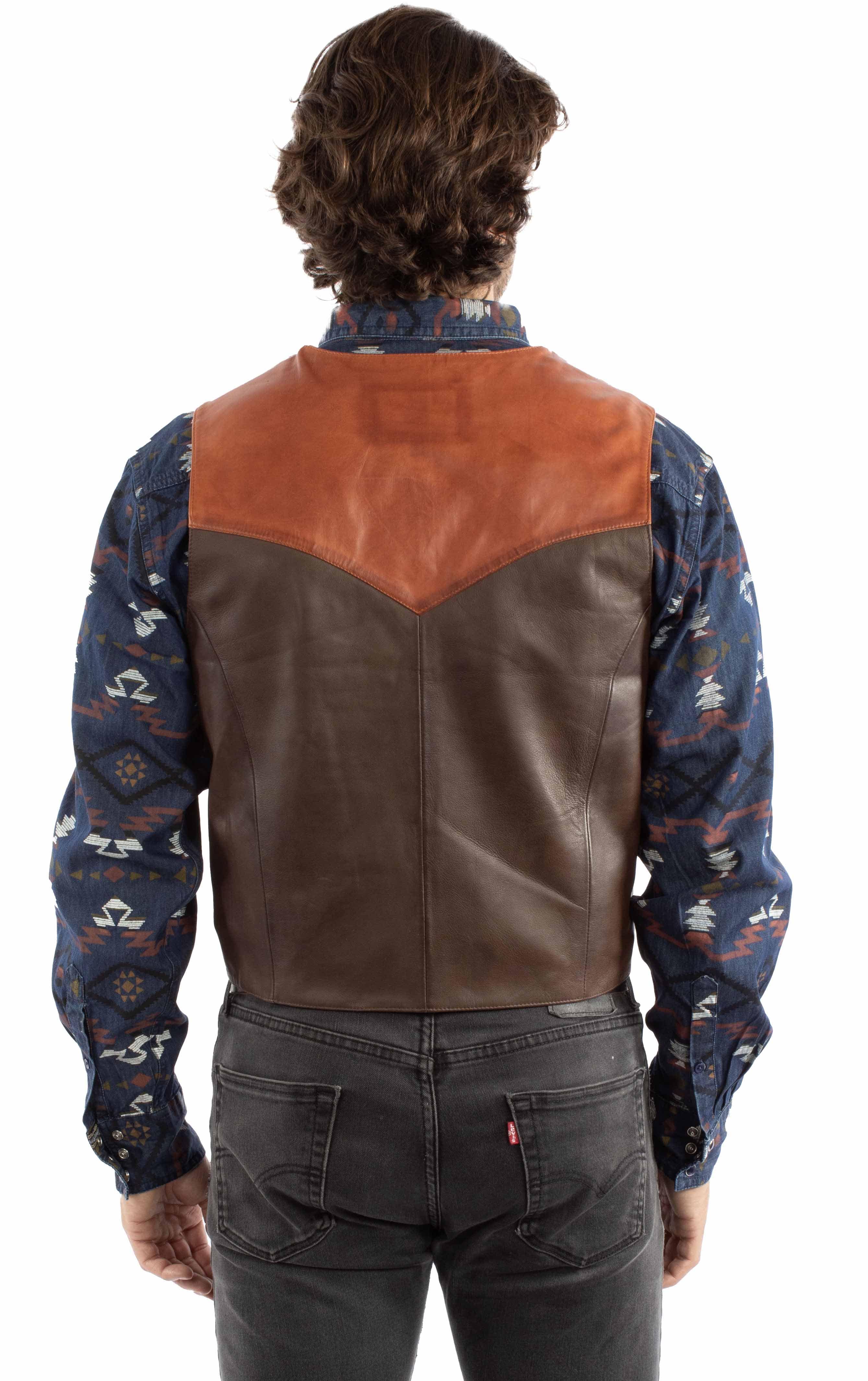 leatherwear mens chocolate w/cognac 100% leather snap front vest