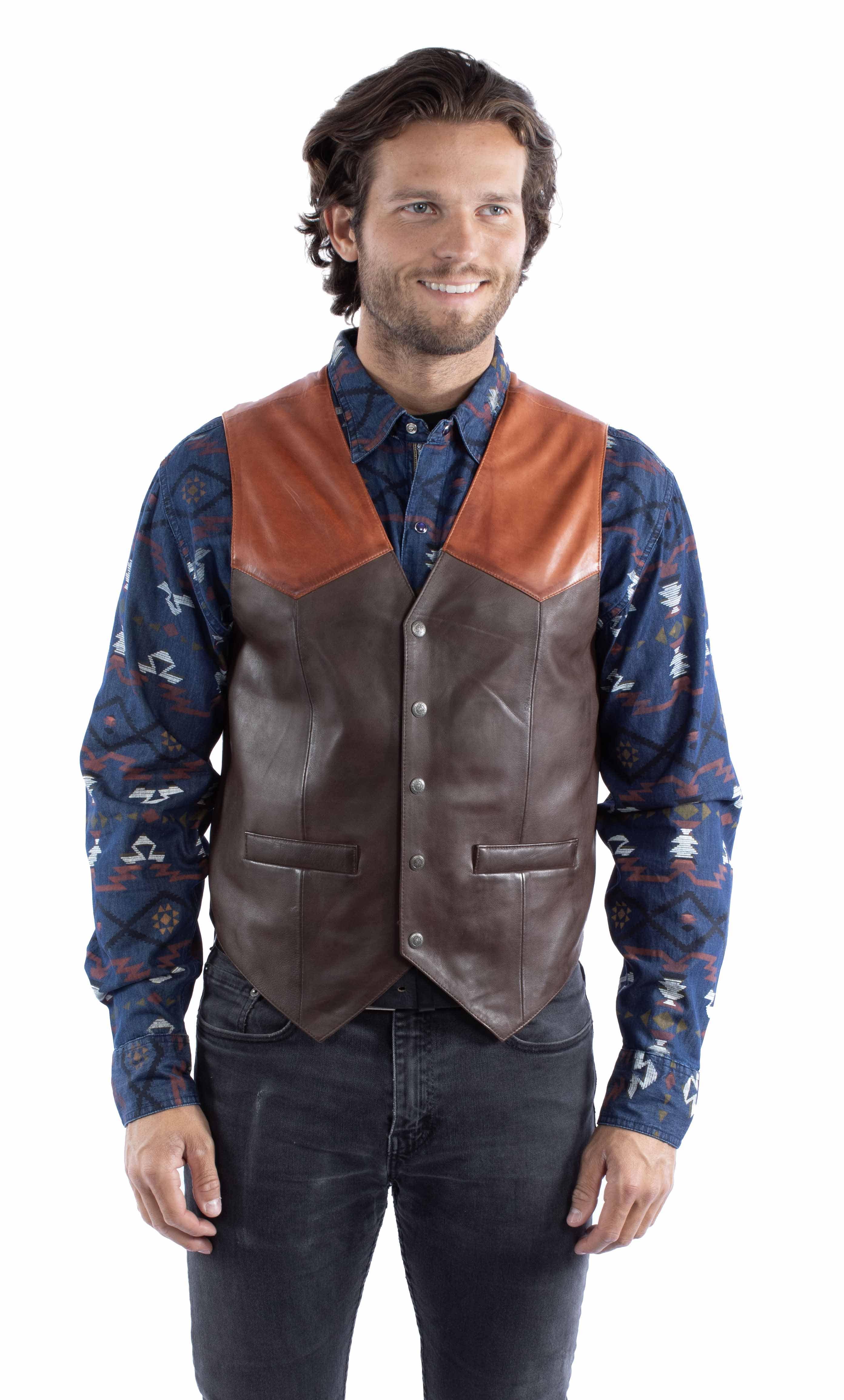 leatherwear mens chocolate w/cognac 100% leather snap front vest