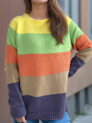 Color Block Round Neck Long Sleeve Sweater - Trendsi