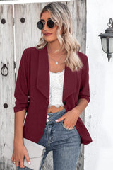 One Button Collared Neck Ruched Sleeve Blazer - Trendsi