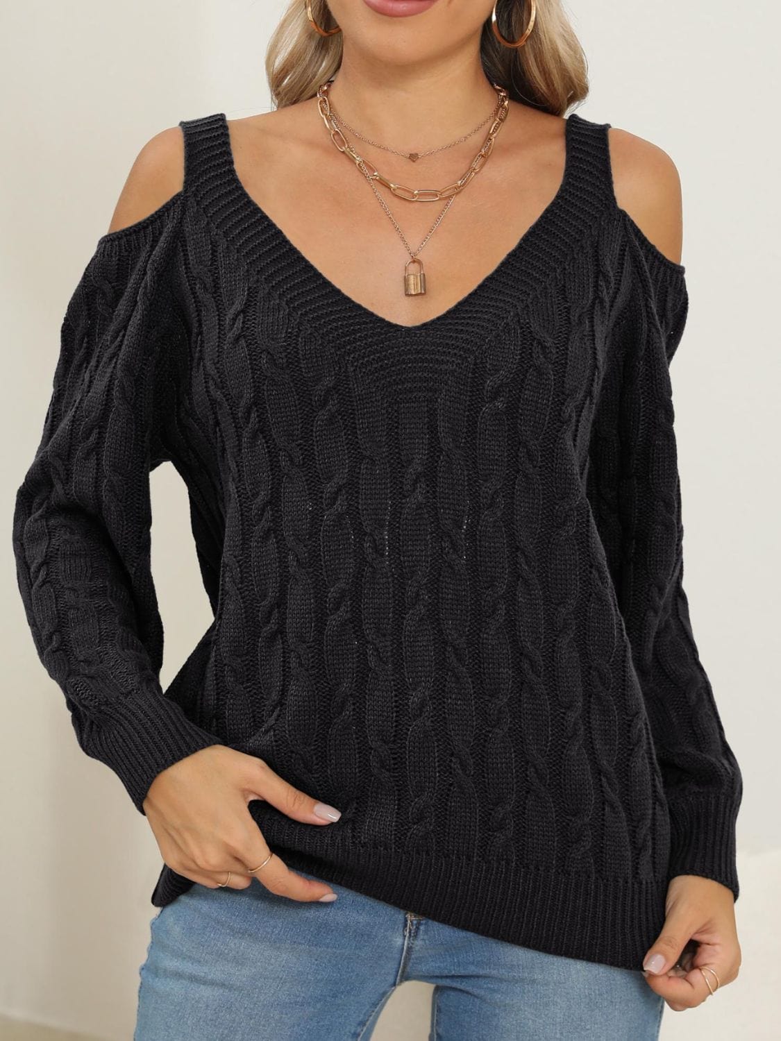 Cable-Knit V-Neck Long Sleeve Sweater - Trendsi