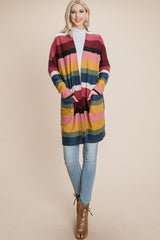 BOMBOM Color Block Striped Open Front Cardigan - Trendsi