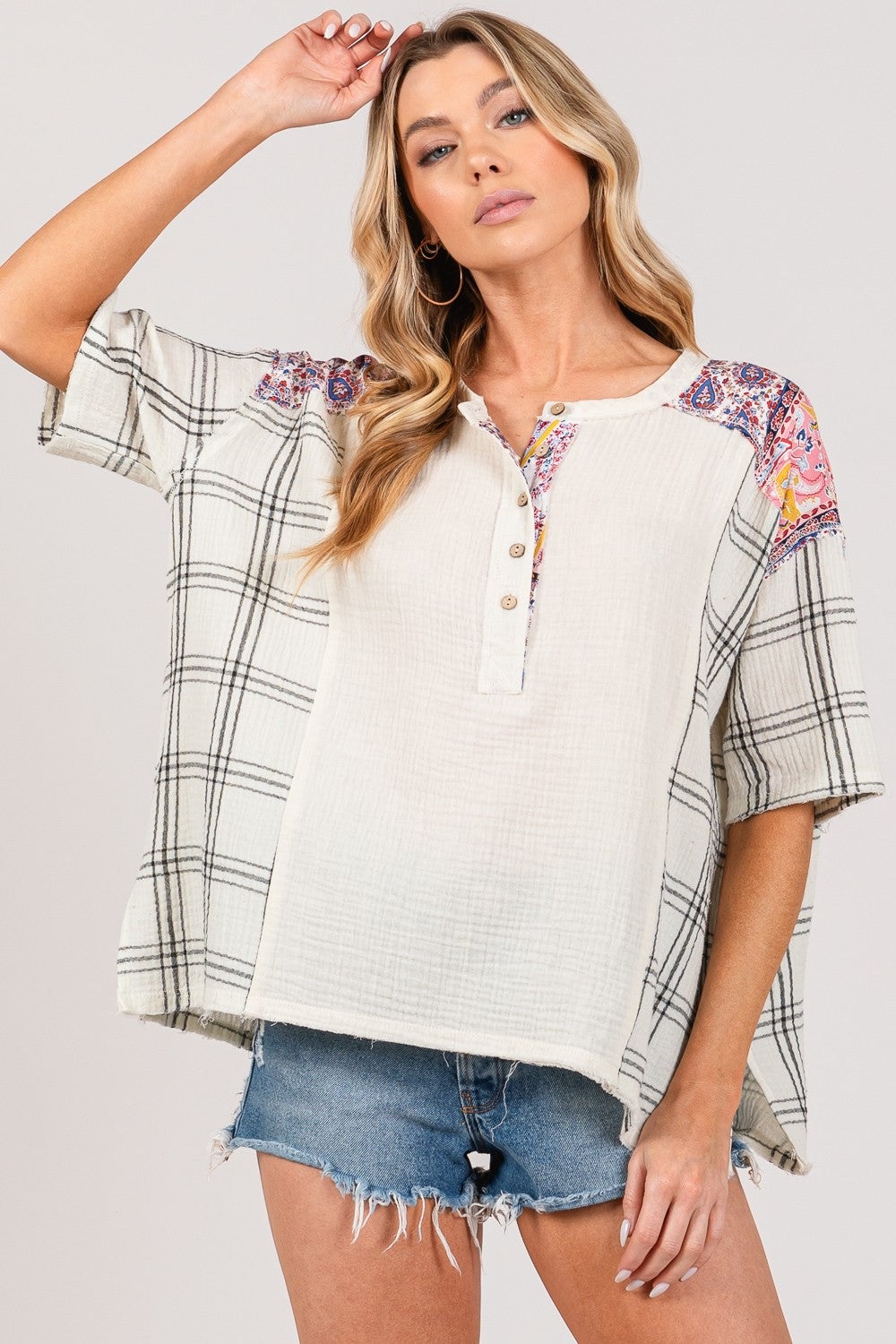 SAGE + FIG Plaid Half Button Gauze Top Trendsi