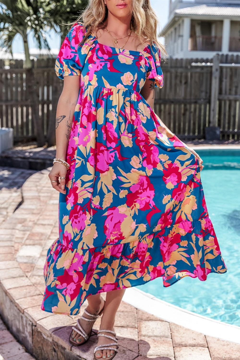 Printed Square Neck Short Sleeve Midi Dress - Flyclothing LLC