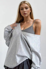 Basic Bae V-Neck Dropped Shoulder Long Sleeve Sweatshirt with Bra - Trendsi